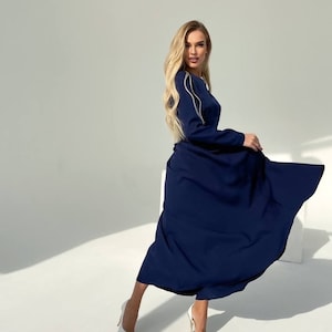 Navy blue Midi Modest Dress for Women, Blue fit and flare midi dress with circle skirt, Long Sleeve modest midi dress