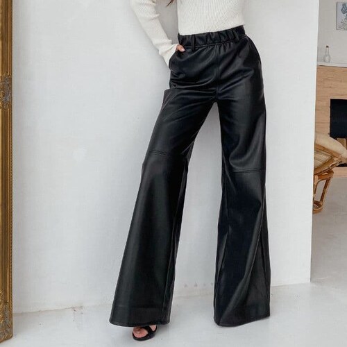 Faux Leather Pants Womens Black Palazzo Pants Leather Wide - Etsy