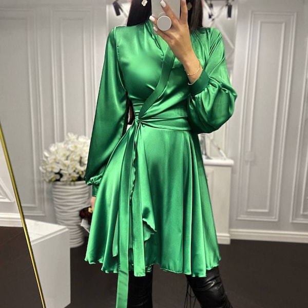 Bright Green Silk Mini Wrap Dress for Women, Night Out Silk Mini Dress with Long Sleeves, Wedding Guest Mini Dress