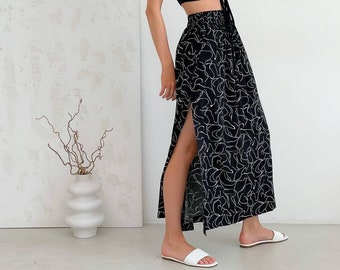 Black High Waist Maxi Skirt with side slits for summer, Black Summer Maxi Skirt Womens, Casual Summer Skirt side slits, Viscose Maxi skirt