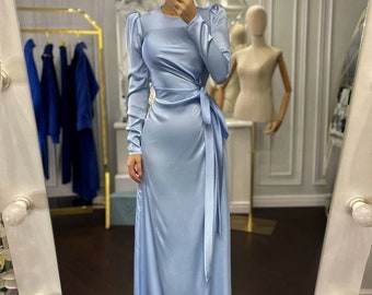 Light Blue Floor long Silk Dress, Blue Silk Maxi Dress, Elegant Silk Dress Long Sleeve, Silk Modest Dress Maxi length