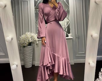 Pink Rose Silk Wrap Dress Silk Wrap Midi Dress Elegant Silk Dress Long Sleeve Wrap Dress Special Occasion Silk Dress Wedding Guest Dress