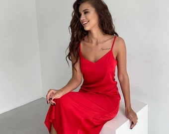 Vestido lencero de seda roja para ocasiones especiales Vestido lencero satinado para el verano, vestido camisola de seda, vestido de damas de honor de seda