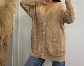 Beige Knit Cardigan for Women, Super Trendy Chunky knit short buttoned cardigan, Wool knit cardigan with Crystals