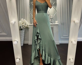 Green Silk Maxi Dress with Side Slit, Khaki Green Silk Slip Dress Floor Long, Silk Wedding Guest Slip Dress, Birthday Women Dress