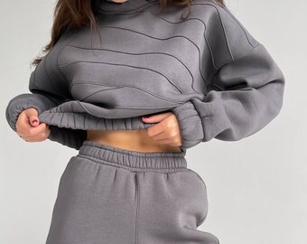 Gray Winter Tracksuit for Women, Crop Hoodie and Pants Set for Women, Gray Warm Loungewear Womens, Warm French terry suit for Women