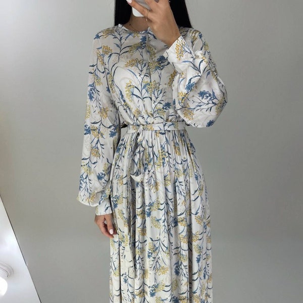 Floral Silk Midi Dress, Creamy white floral Silk Maxi Dress, Elegant Silk Dress Long Sleeve, Silk Modest Dress Midi length