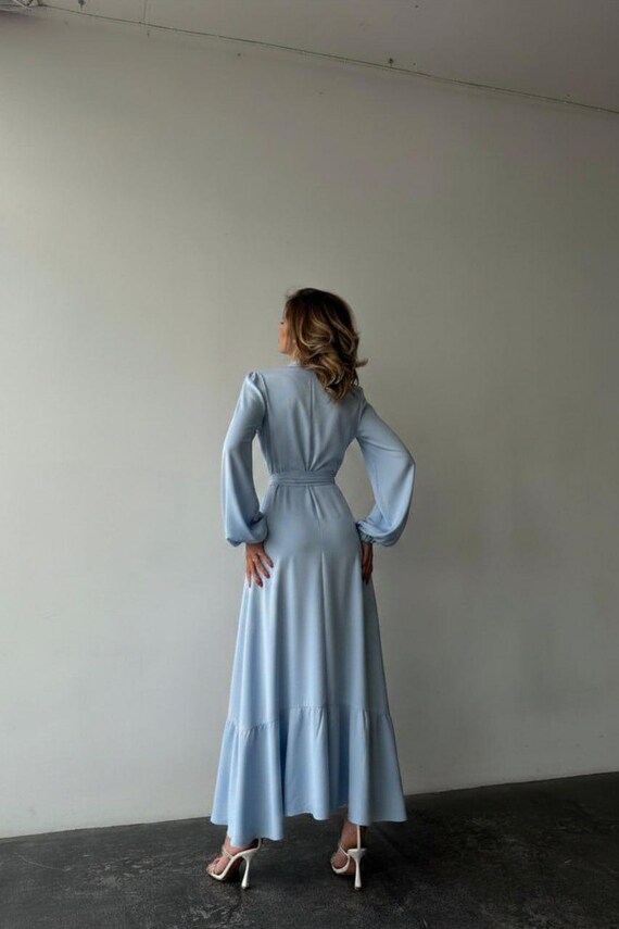 blue marine ruffled silk long dress Inara Blue Ruffle Prom Dress - US 0