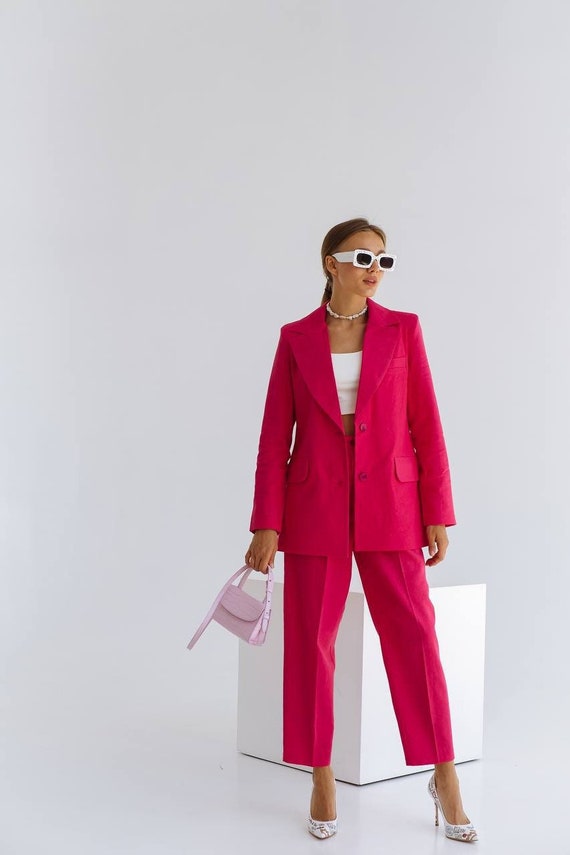 Hot Pink Blazer Trouser Suit for Women, Pink Pantsuit for Women, 3