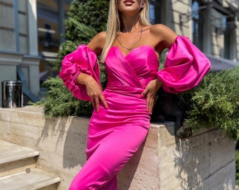 Hot Pink Satin Midi Dress with Detachable Sleeves, Puffed Sleeves Midi Dress for Women Wedding Guest Satin Dress Pink Satin Sleeveless Dress