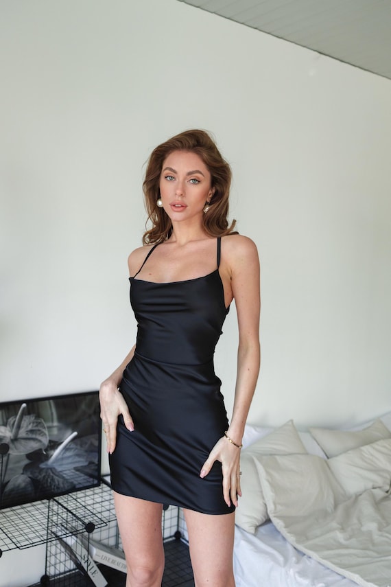 Black Silk Satin Mini Slip Dress, Criss Cross Back - Etsy