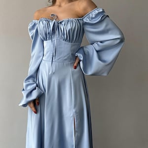 Light Blue Silk Maxi Dress with side slit and bishop sleeves, Light Blue Elegant Silk Dress with Long Sleeves, Silk Modest Maxi Dress Womens
