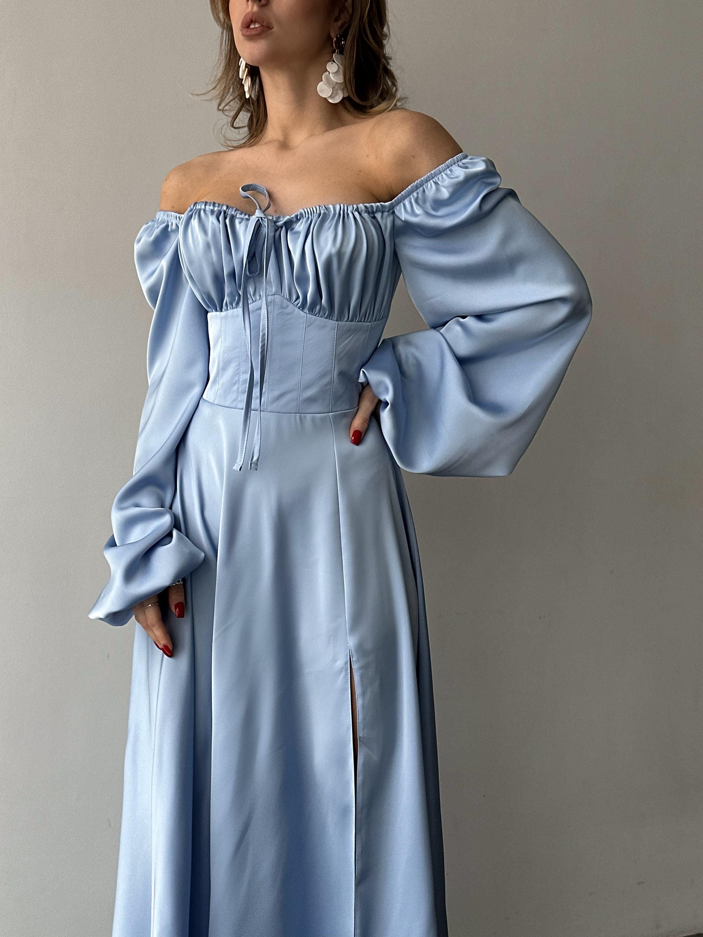 Light Blue Silk Maxi Dress with side slit and bishop sleeves, Light Blue Elegant Silk Dress with Long Sleeves, Silk Modest Maxi Dress Womens