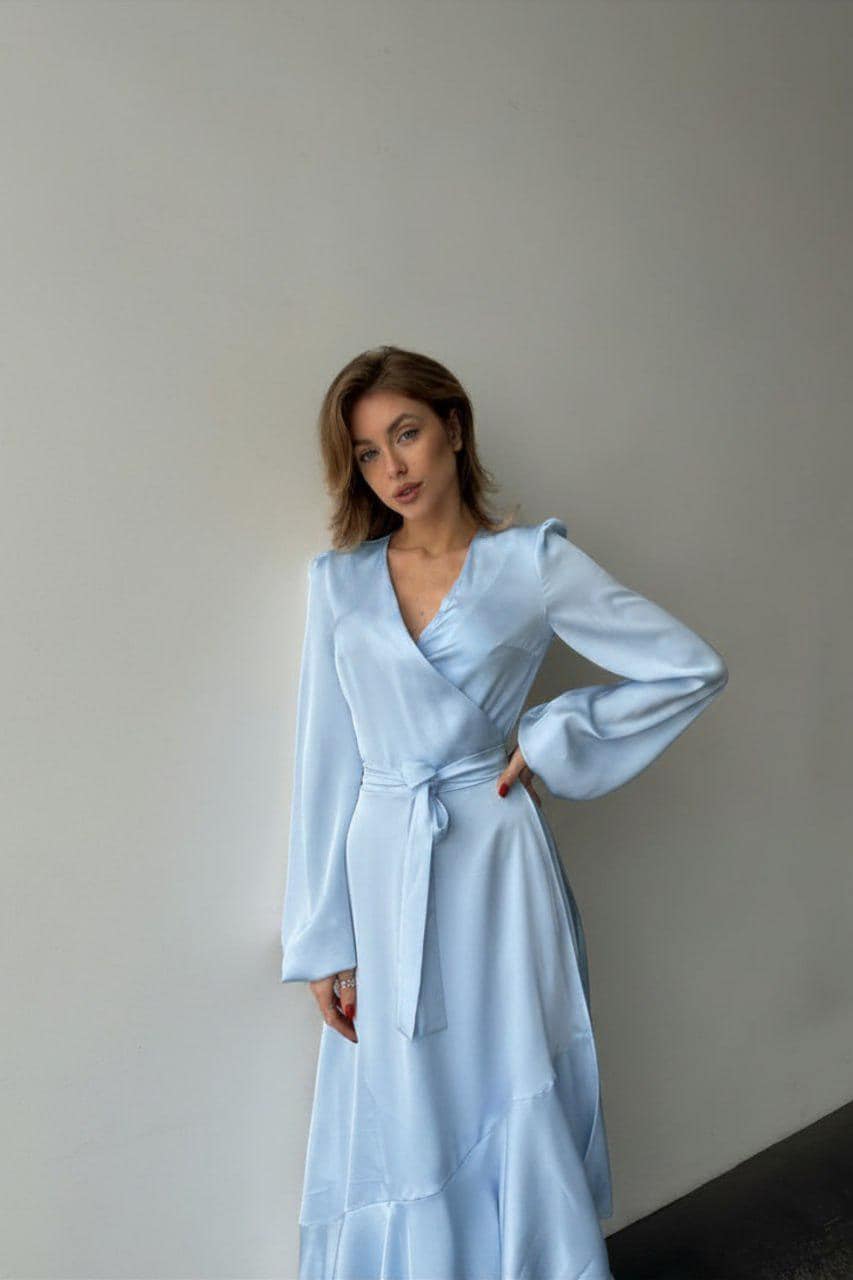 pale blue wrap dress maxi Light Blue Satin Wrap Maxi Dress with Ruffle Skirt and Bracelet Sleeves