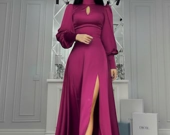 Fuchsia Silk Maxi Dress with Bishop Sleeves and Side Slit, Wedding Guest Look
