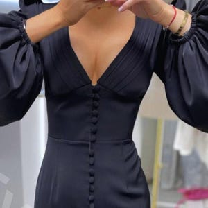 Black Satin Midi Bodycon Dress with Front buttons and Wide bishop sleeves, Silk Satin Black Midi Dress, Wedding guest Dress