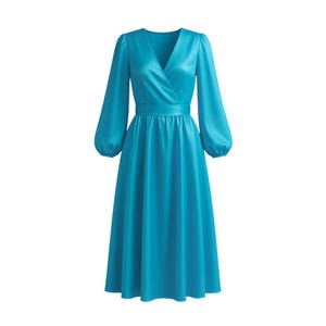 Light Blue Silk Wrap Imitation Midi Dress for Women, Silk Faux Wrap Dress with Long Sleeves, Silk Dress for Wedding Guest