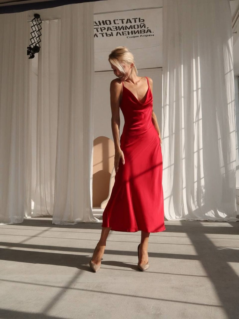 Red Silk Slip Dress Silk Slip Dress of Midi Length Red Cowl Etsy