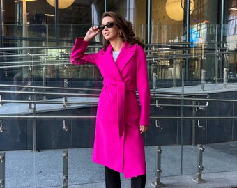 Wrap Coat Pink Alpaca Coat Mid Length Hooded Mauve Pink Coat SENTALER