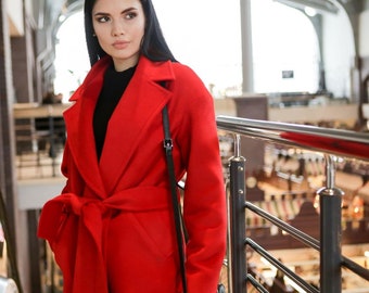 YUNY Womens Warm Merino Curvy British Style Mid-Long Walker Coat Red M 