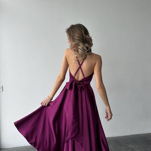 Fuchsia Silk Midi Dress with Open back, Pink Silk Bridesmaid Midi Dress, Pink Maid of Honor Silk Dress, Silk V-neck Midi Dress for Women