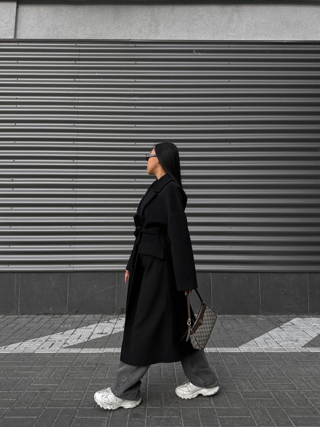 Black Winter Coat for Women, Wool Wrap Winter Coat With Belt for Women