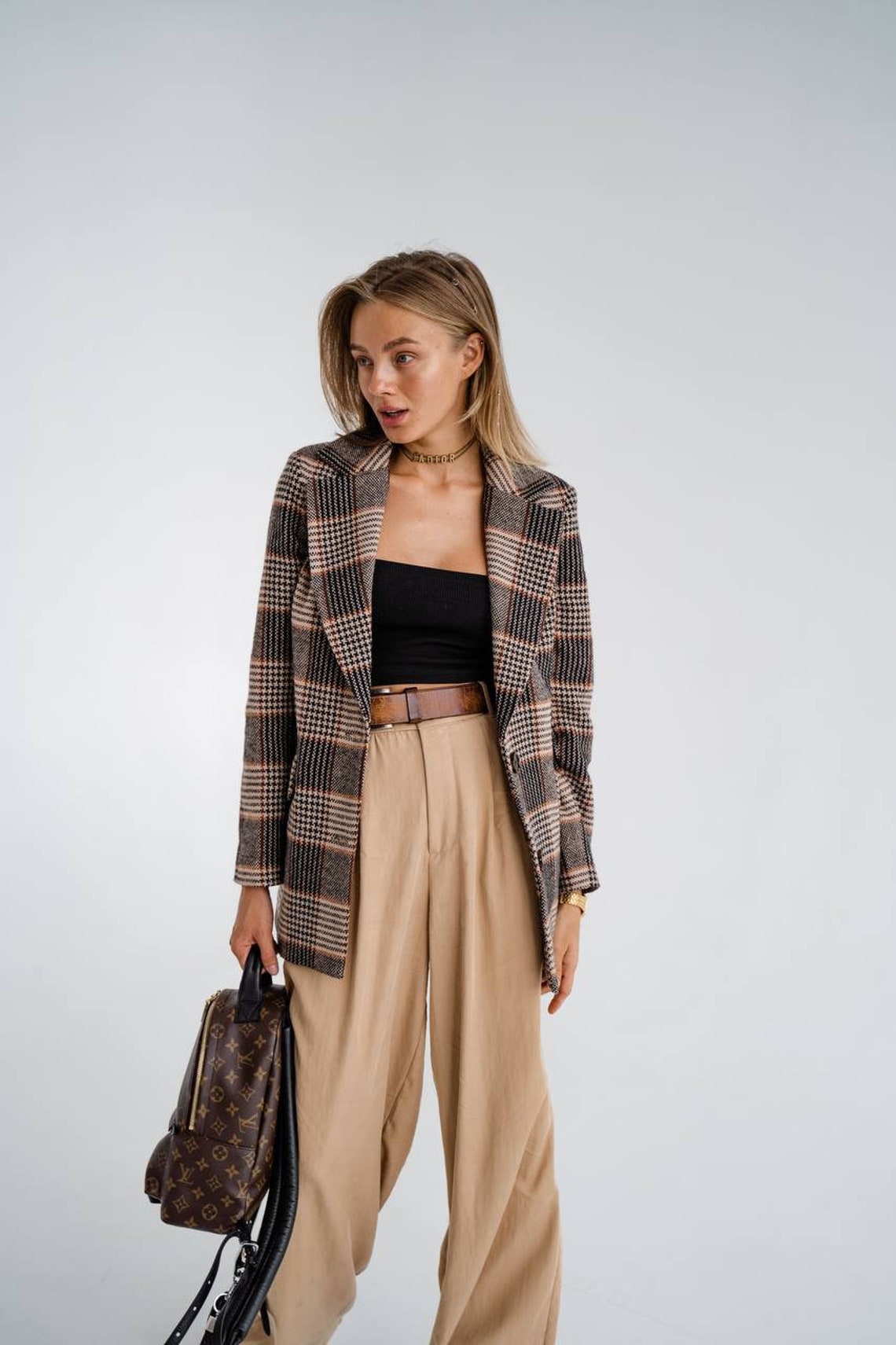 Brown Wool Blazer Houndstooth for Women Oversized Wool Blazer Etsy