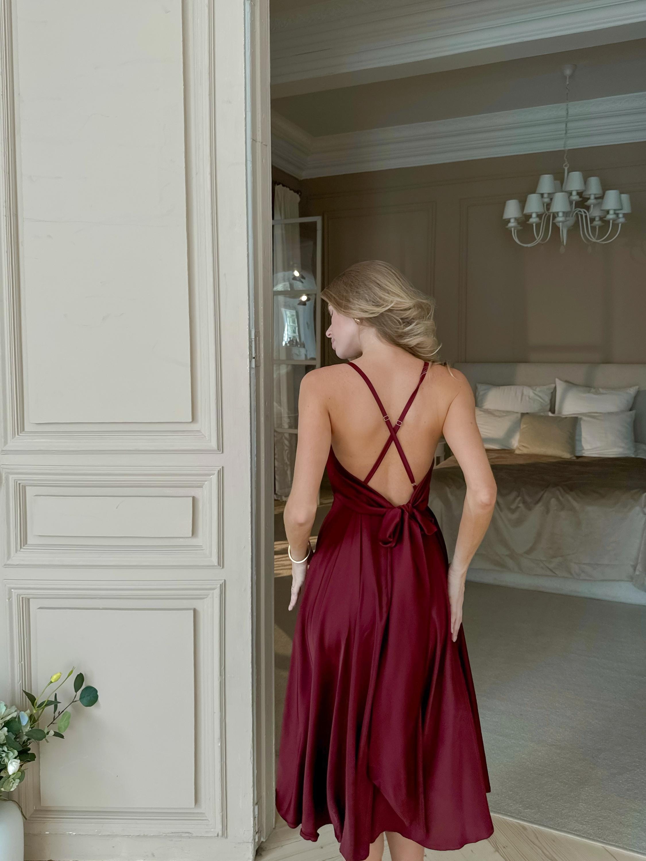 burgundy slip dress midi Burgundy Silk Slip Midi Dress Circle Skirt and Open Back Criss Cross