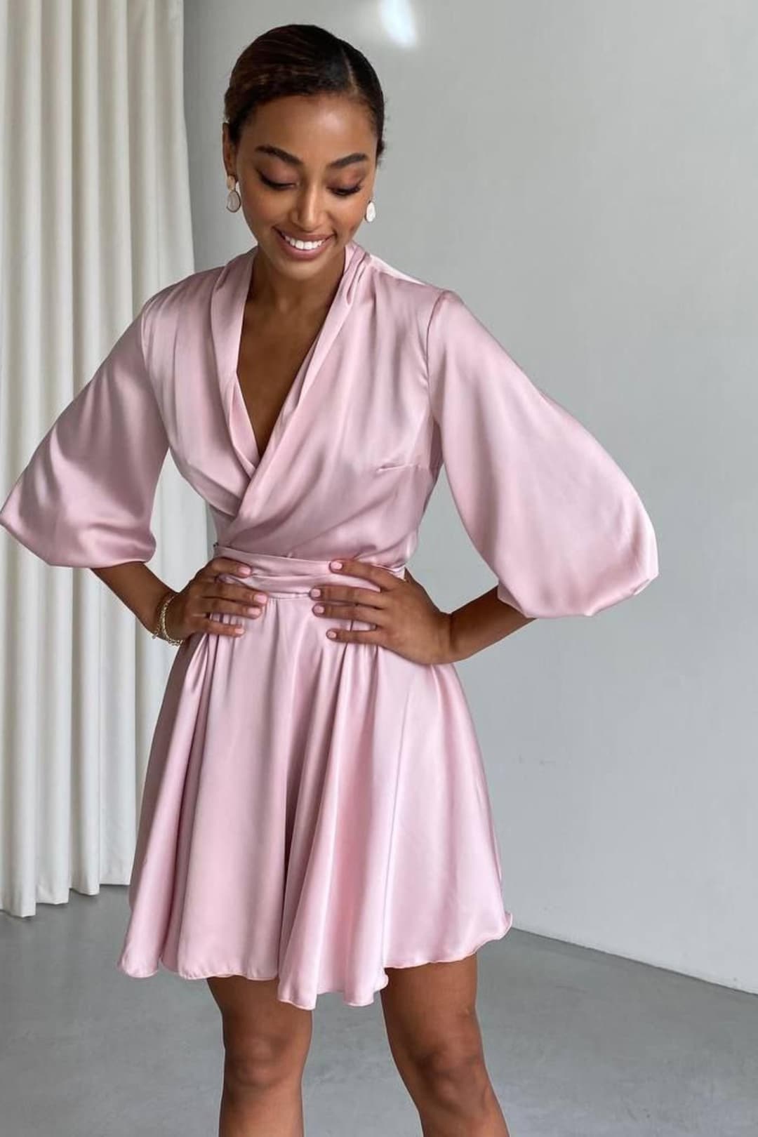 Light Pink Silk Wrap Mini Dress, Bracelet Sleeves, Prom and garden look