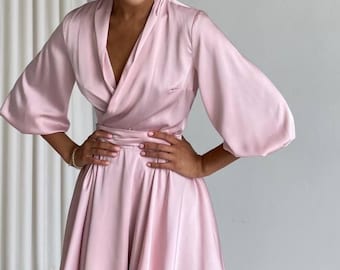 blush satin wrap dress Florence Wrap Bridesmaids Dress In Rose Pink Satin