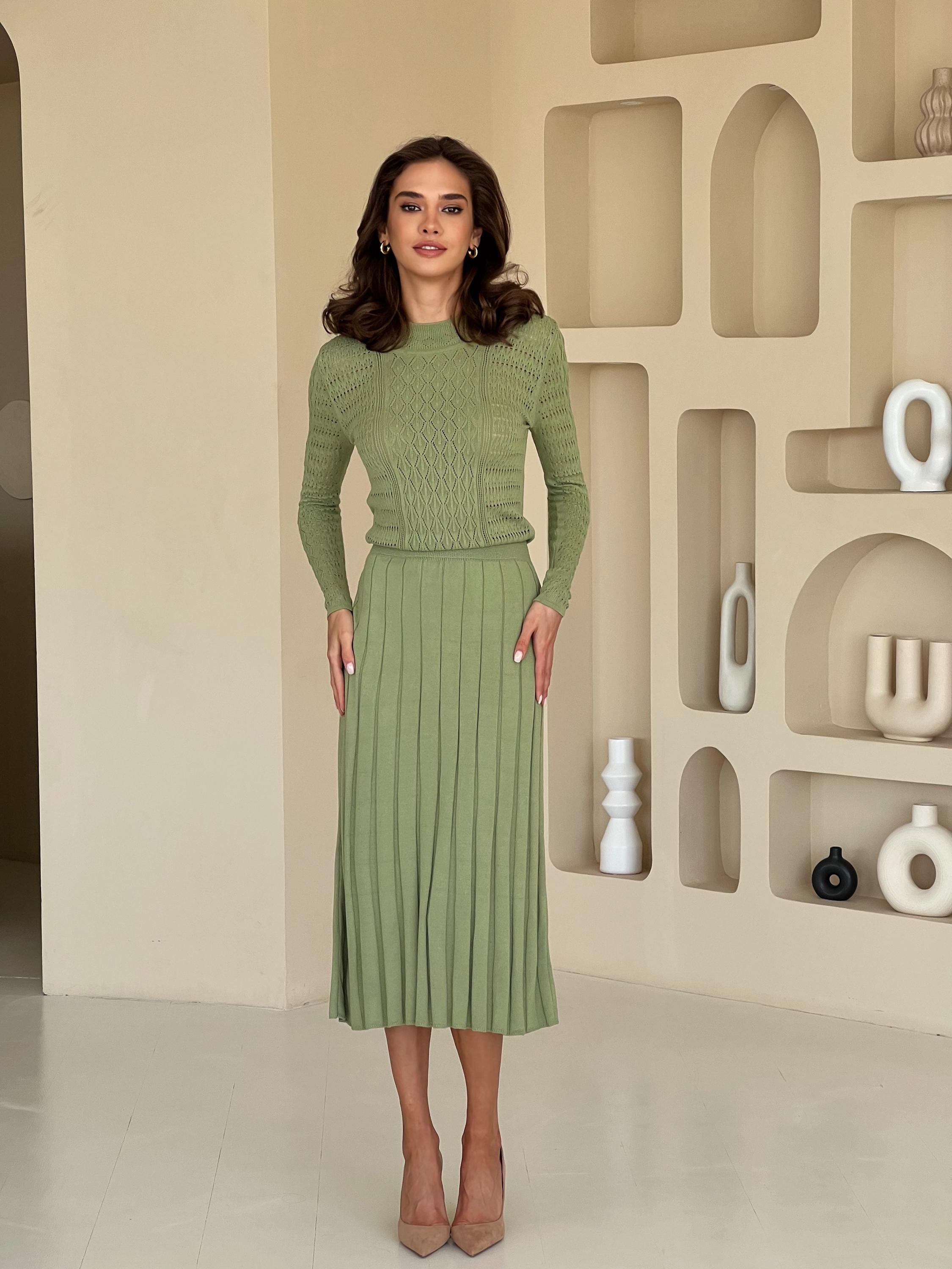 Sage Green Knit Midi Dress With Long Sleeves, Pleated Skirt - Etsy