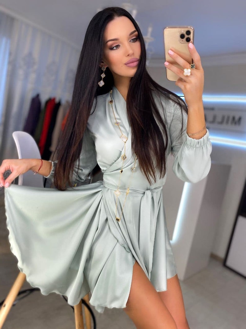 Silk Wrap Mini Dress Silk Mini Dress with Bracelet Sleeves image 4