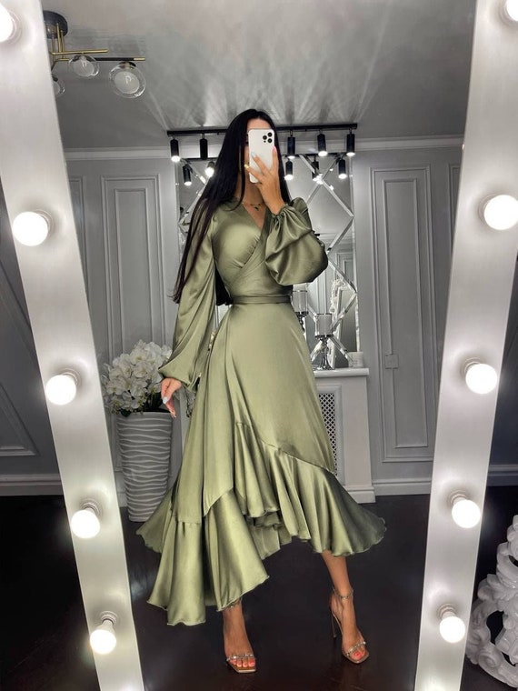 Khaki Green Silk Wrap Dress Silk Wrap 