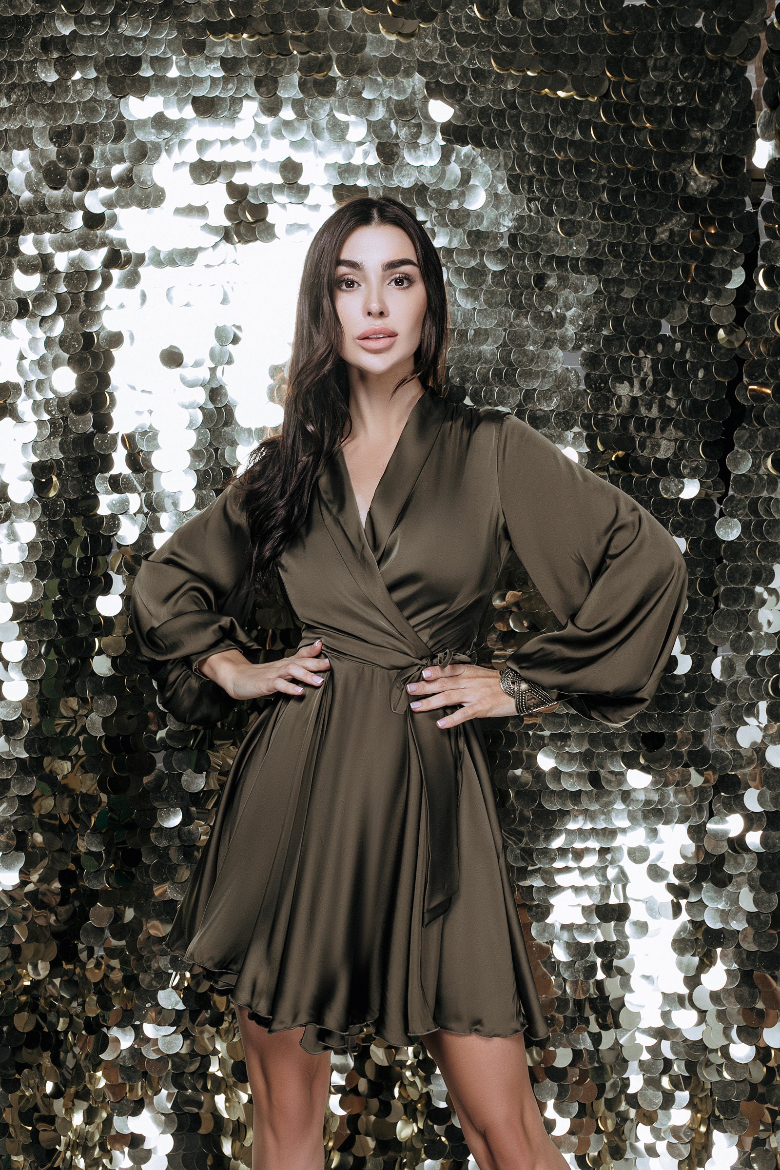 Khaki Green Silk Wrap Mini Dress, Long Sleeve Party Dress