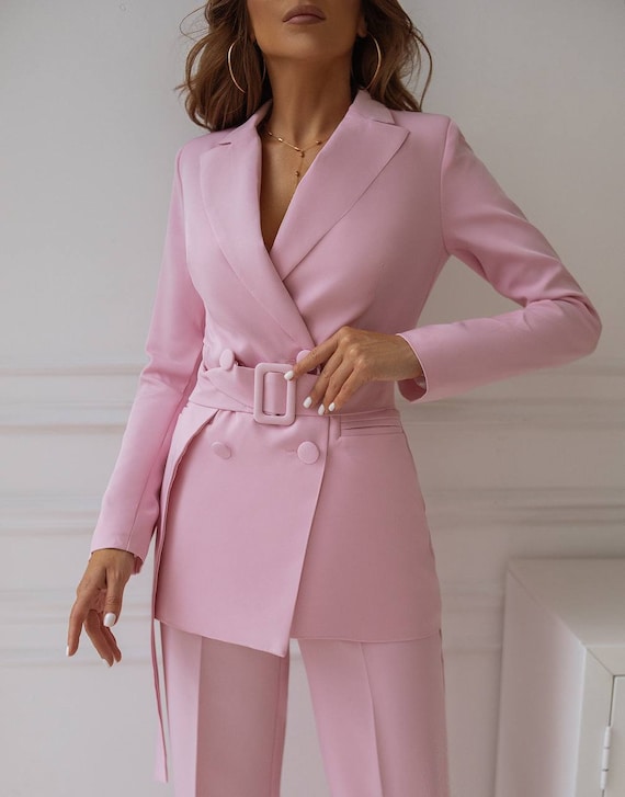 Light Pink Blazer Trouser Suit Set for Women, Pink Pantsuit With