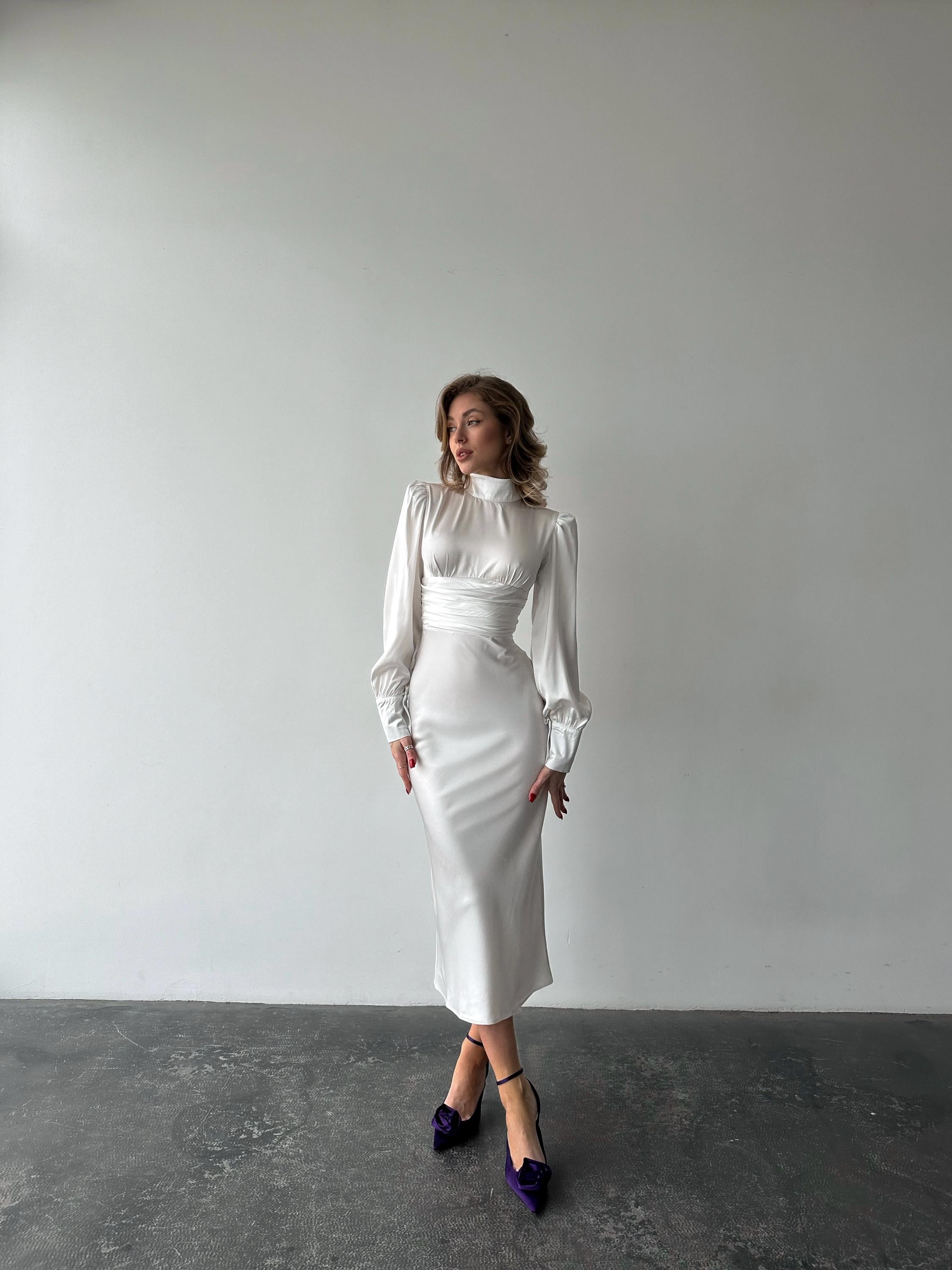 White Satin Mockneck Midi Dress Long Sleeves Open Back