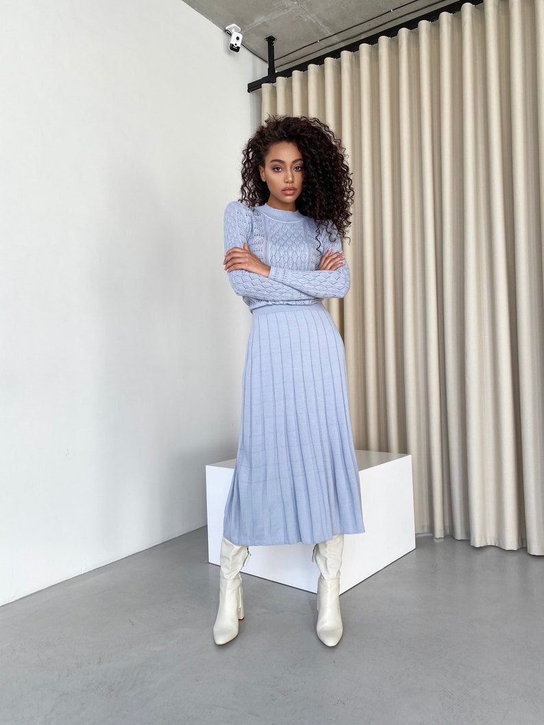 Knit Midi Dress for Women Modest Dresses Light Blue Knit Etsy