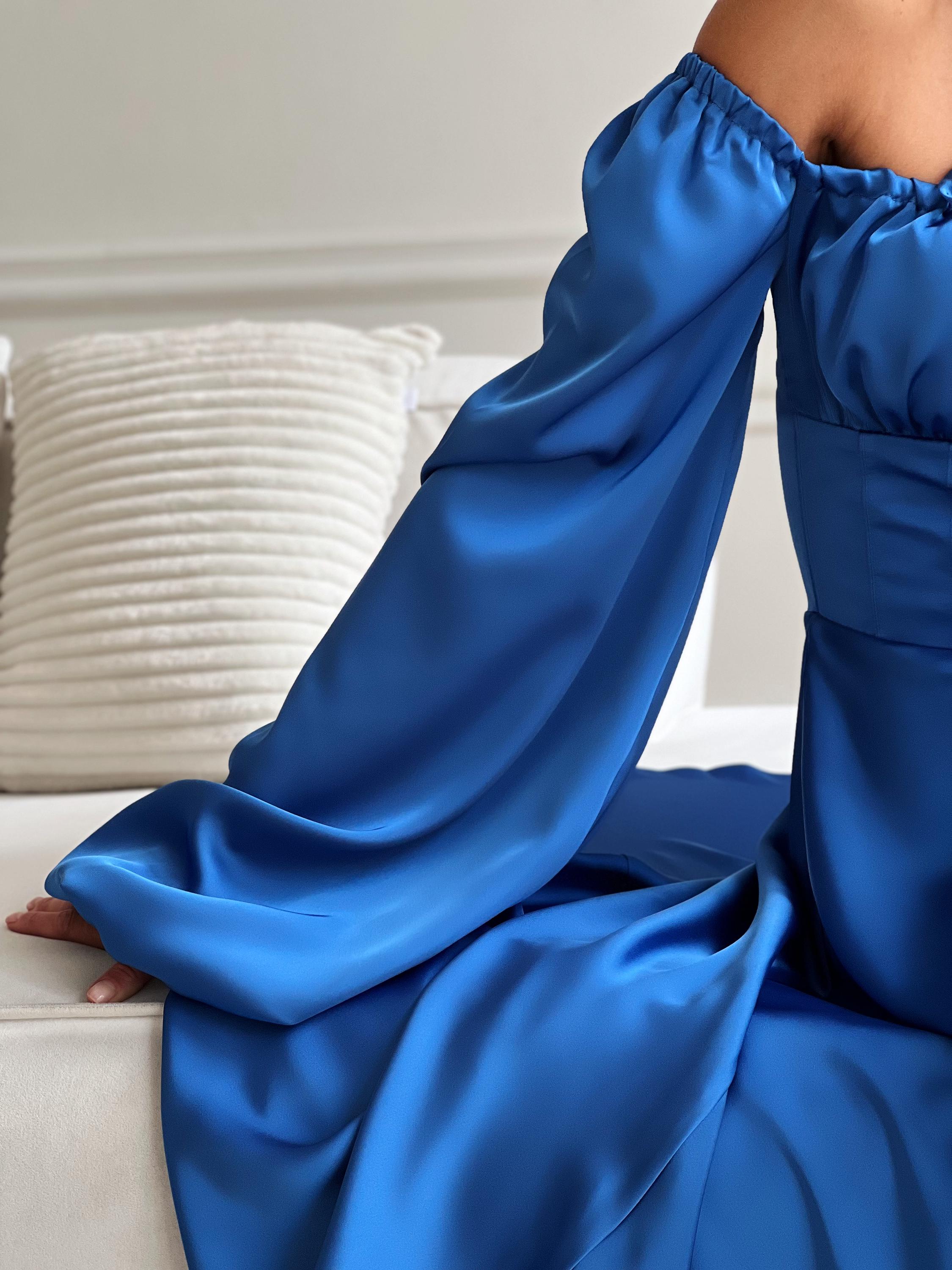 Cobalt Blue Satin Maxi Dress, Corset Bodice, Puff Sleeve Gown - Etsy