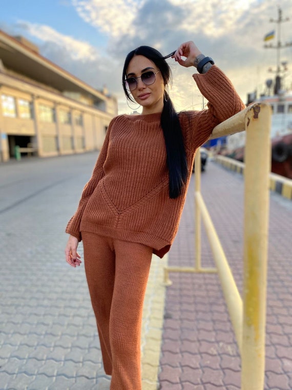 Brown Knit Sweat Pants Set for Women 