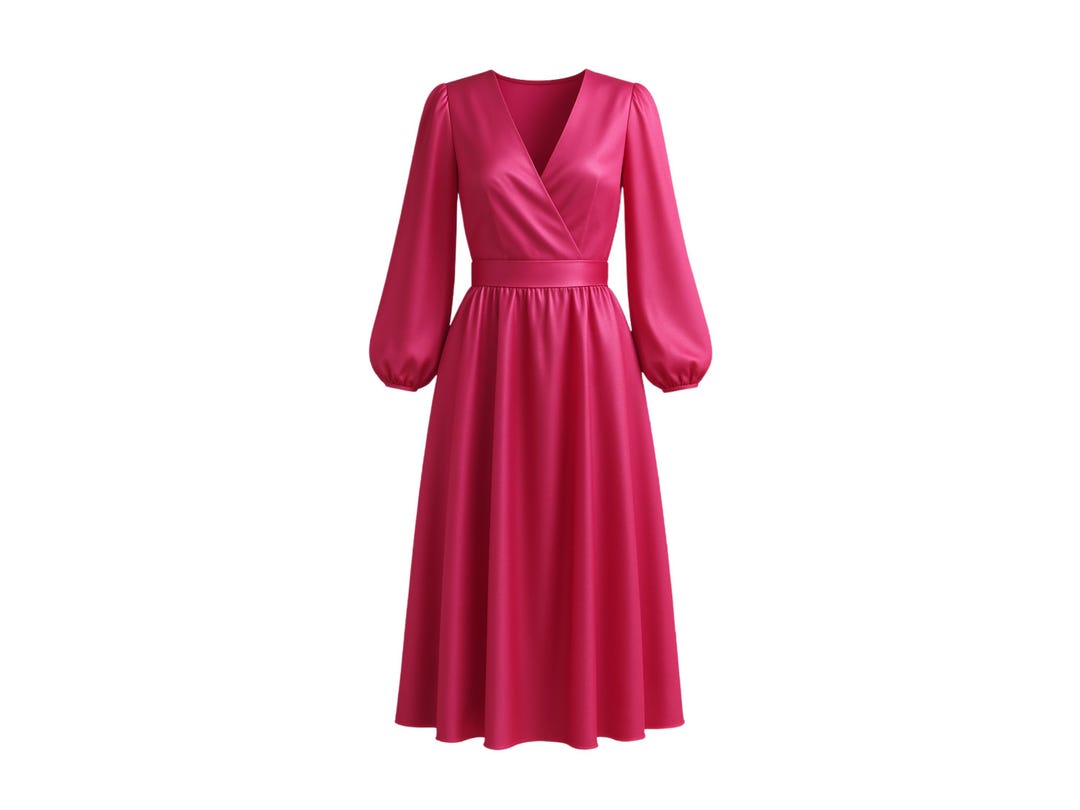 Hot Pink Faux Silk Wrap Midi Dress, Bishop Sleeves - Etsy