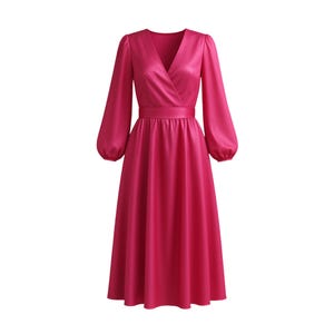 Hot pink Silk Wrap Imitation Midi Dress with Long Bishop Sleeves, Wedding Guest or Birthday Women&#39;s look in classy, elegant style