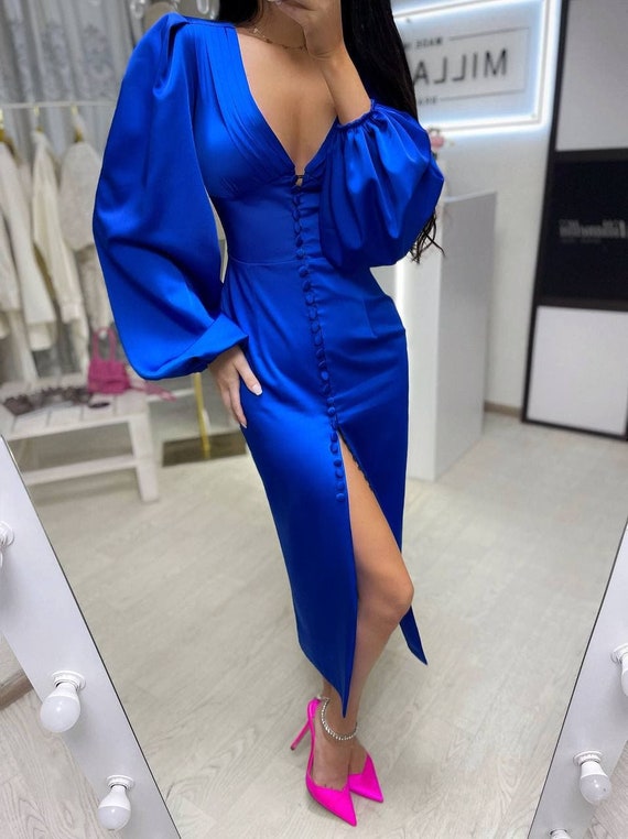 Vestido Bodycon Azul Eléctrico Satin Midi con botones - Etsy España Vestido Bodycon Azul Eléctrico Satin Midi con botones - Etsy España