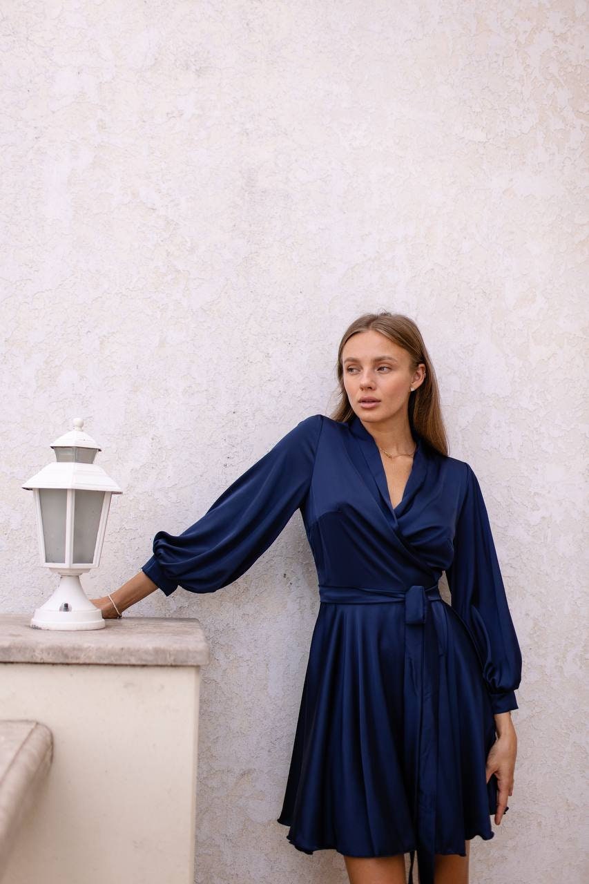 Navy blue silk wrap best sale dress