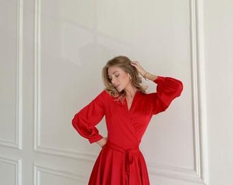 chinese dress ladies Red Long Sleeve Wrap Mini Dress main image 1