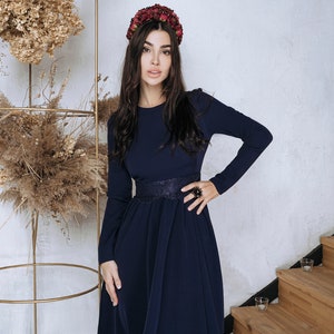 Navy blue Midi Modest Dress for Women, Blue fit and flare midi dress with circle skirt, Long Sleeve modest midi dress