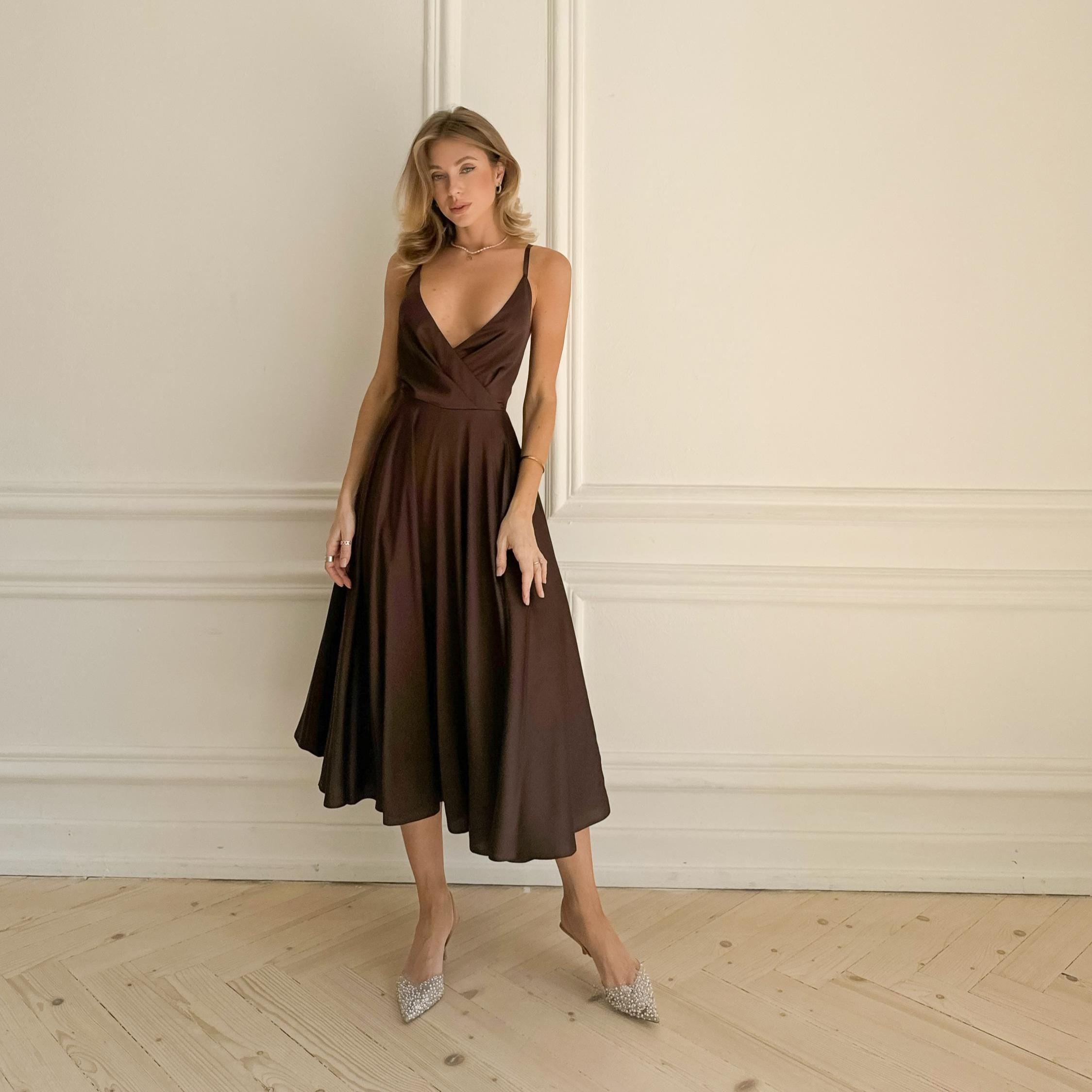 Chocolate Brown Silk Midi Dress Without Sleeves Open Back and Bow