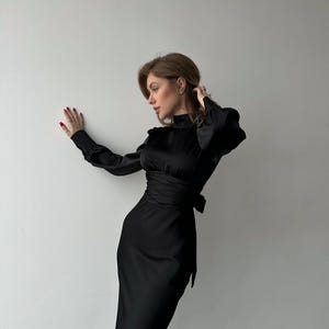 Black Silk Satin Open Back Dress with Long Bishop Sleeves, Turtleneck and back bow tie image 4
