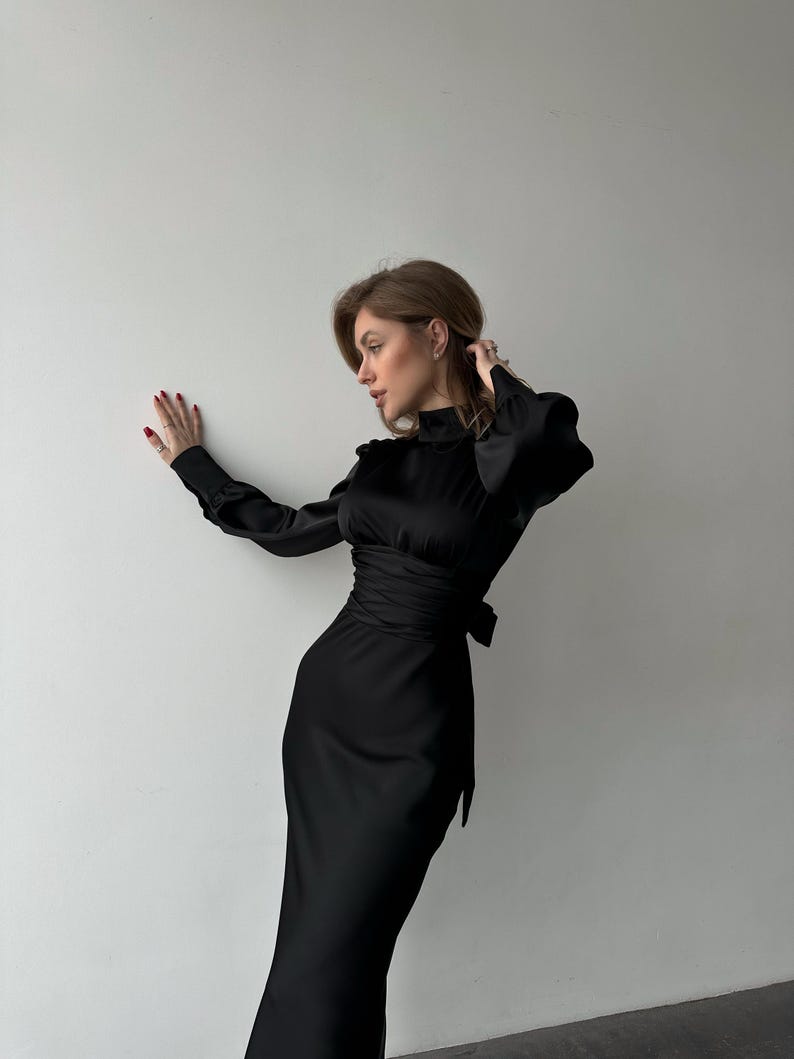 Black Silk Satin Open Back Dress with Long Bishop Sleeves, Turtleneck and back bow tie image 4