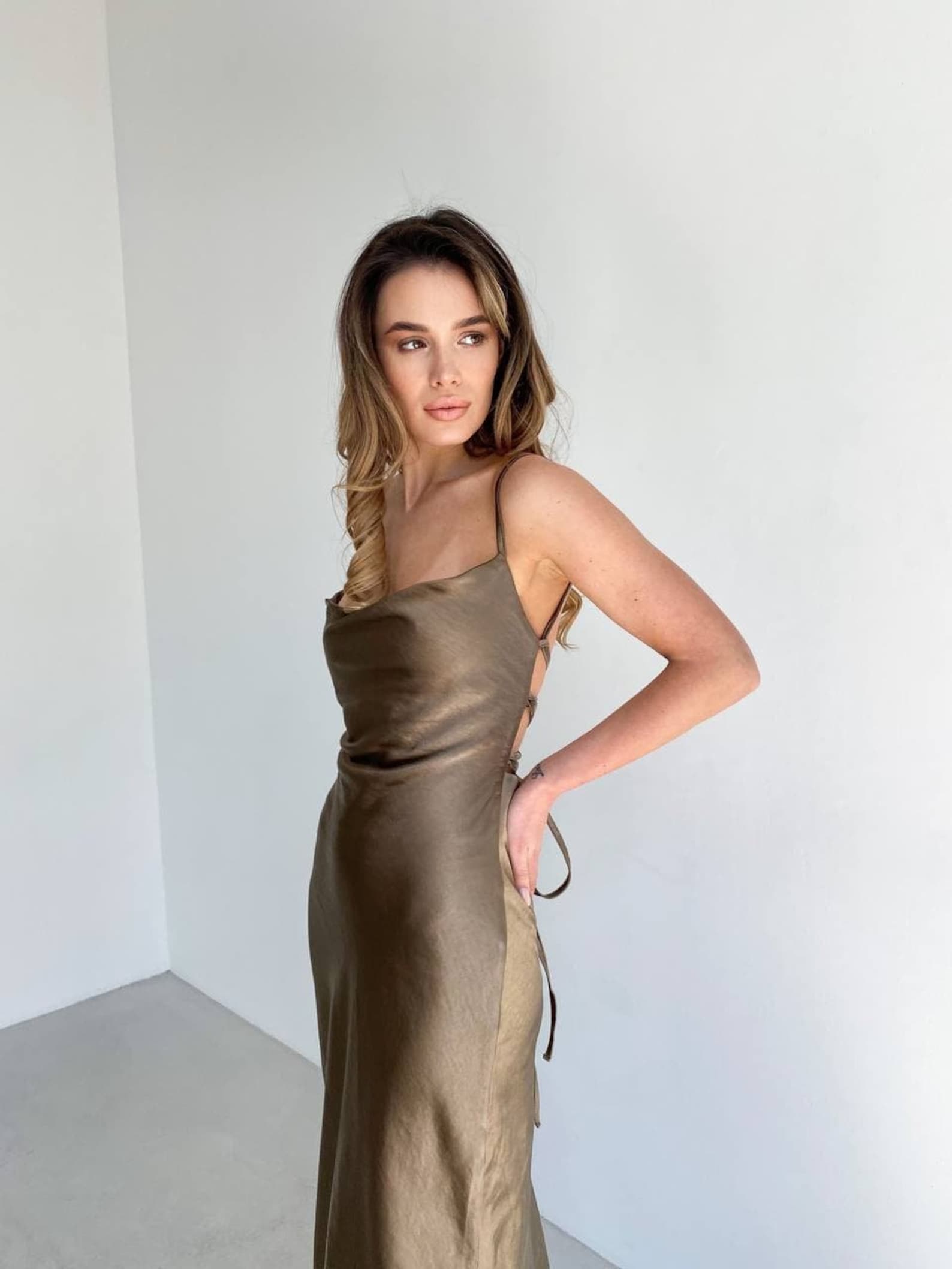 Dark Gold Silk Slip Dress With Cowl Neck for Special | Etsy