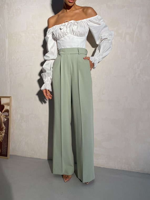 Pistachio Wide Leg and High Rise Pants for Women, Light Green Palazzo Pants  for Women, Office Pants Women, Elegant and Classy Pants Women 